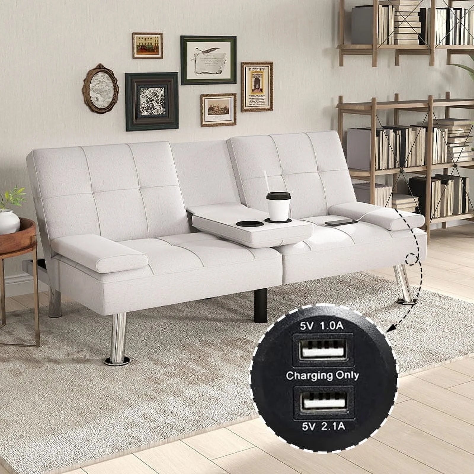 Bonzy Home Futon Versatile Sofa Bed with Cup Holders USB Port Foldable