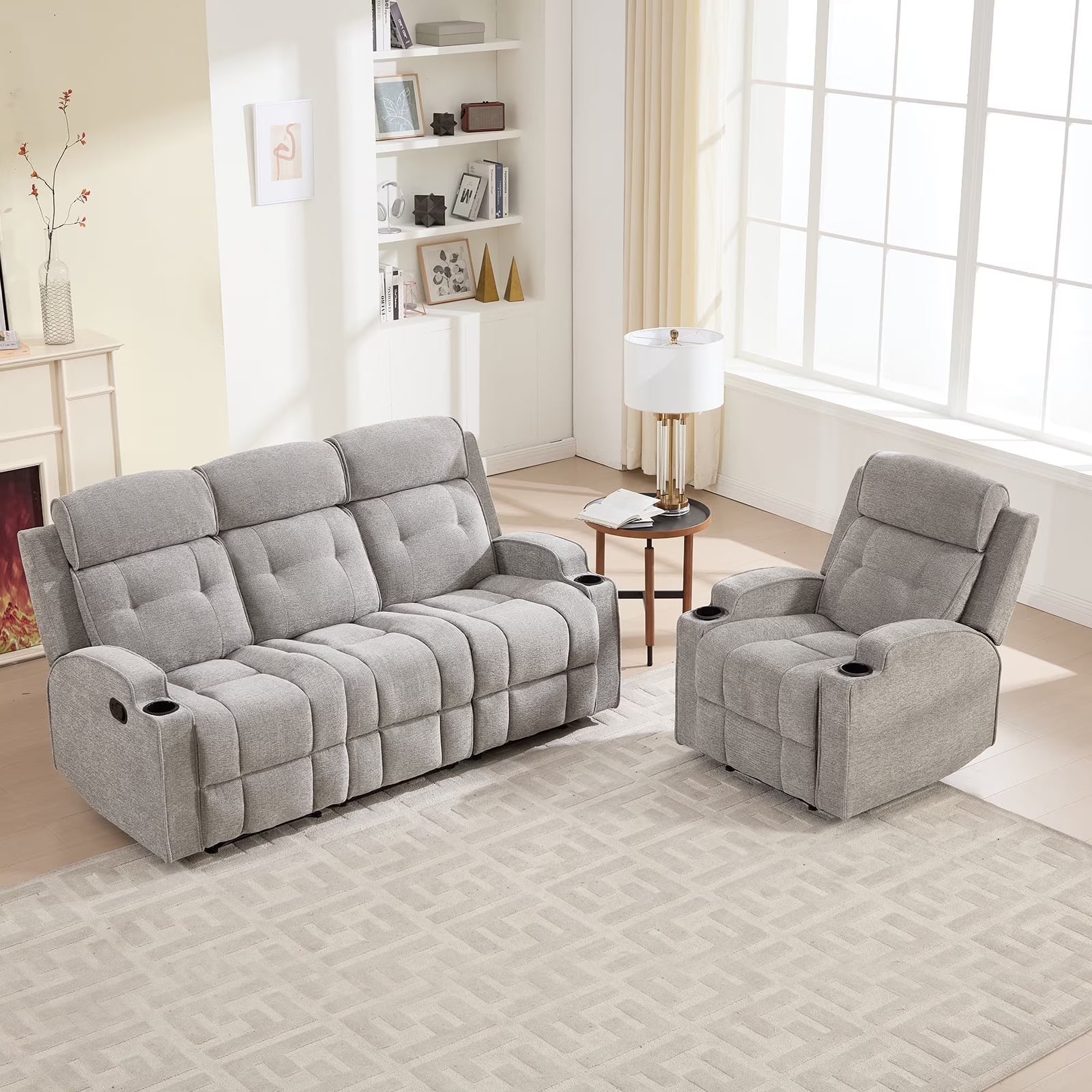Bonzy Home Manual Recliner Sofa Set – Fabric Reclining Living Room Fur