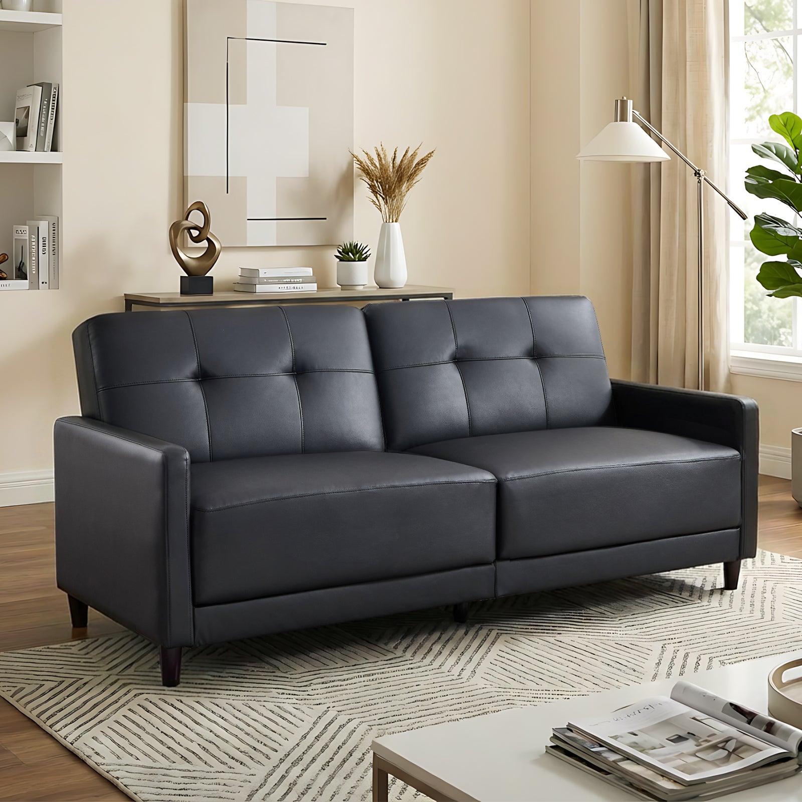 Ebello 76" Convertible Futon Sofa Bed, Mid Century Modern Faux Leather
