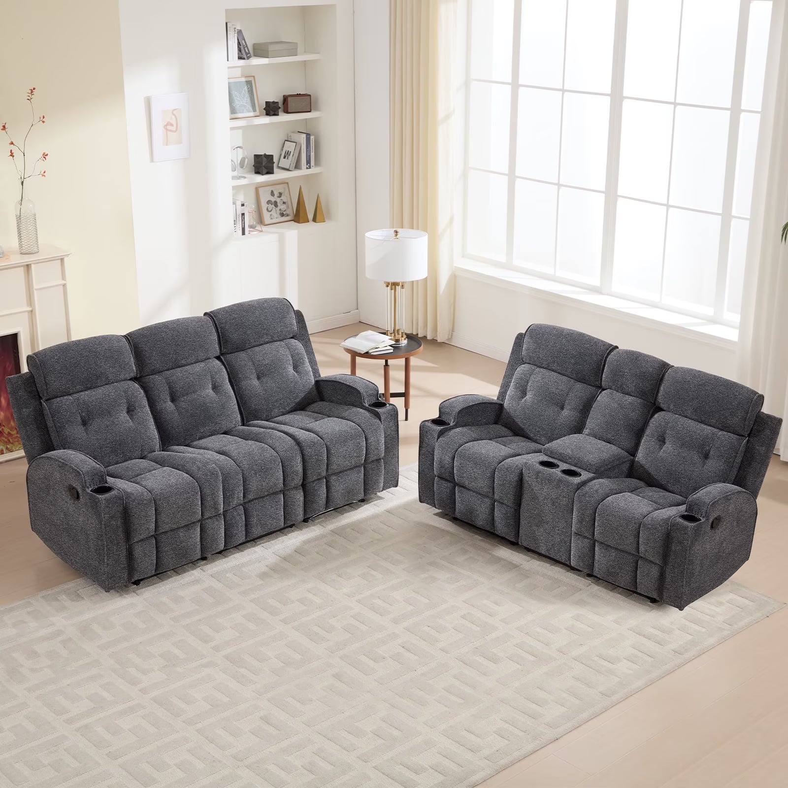 Bonzy Home Manual Recliner Sofa Set – Fabric Loveseat & 3-Seat Reclini