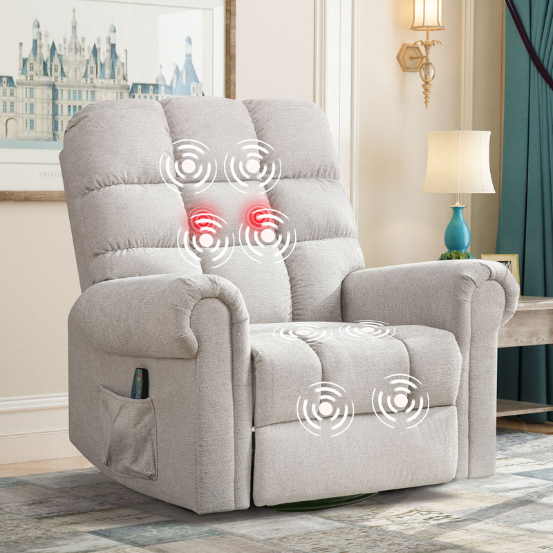 Bonzy Home Massage Swivel Rocker Recliner Chair with Heat and Vibration, 360 Degree Swivel Manual Recliners Fabric Single Sofa Heavy Duty Reclining Chair for Living Room, Cream