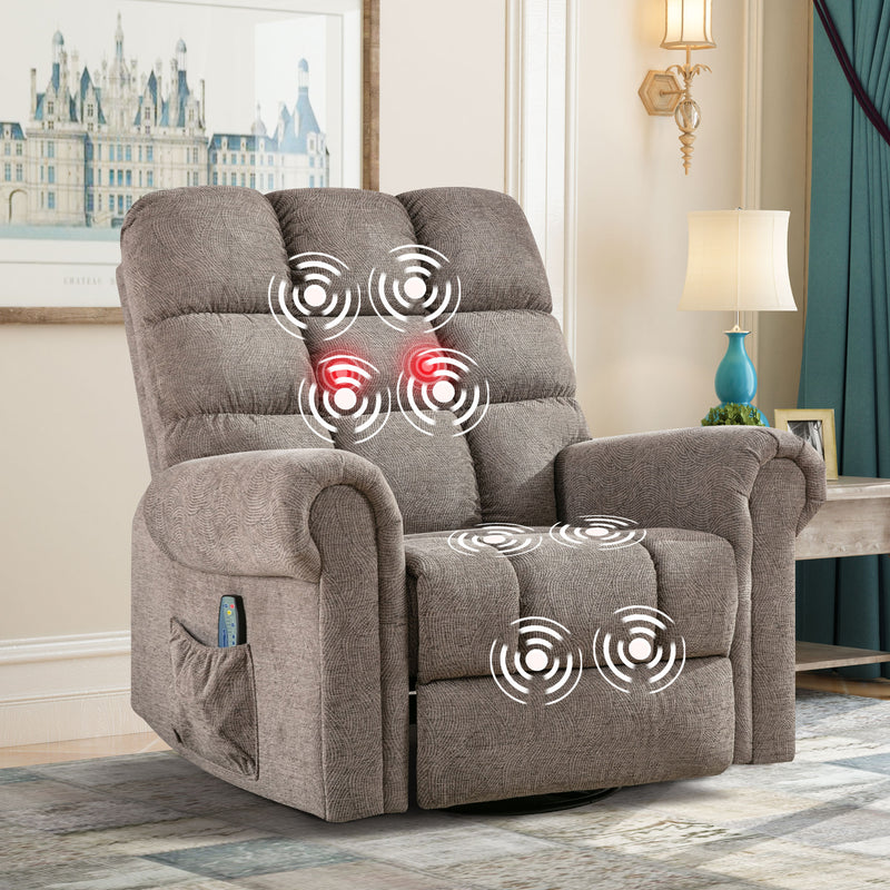 Bonzy Home Massage Swivel Rocker Recliner Chair with Heat and Vibration, 360 Degree Swivel Manual Recliners Fabric Single Sofa Heavy Duty Reclining Chair for Living Room, Camel