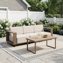 Bonzy Home Outdoor Wicker Sofa Set, Rattan Patio Conversation Sets - 3 Seater Wicker Sofa and Rectangular Coffee Table with Thick Cushions, Beige