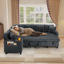 Ebello L-Shaped Sectional Sofa with Pull Out Bed, Storage Under Seat, Cup Holders, USB Ports & Side Pockets, Convertible Couch Bed for Living Room, Gray