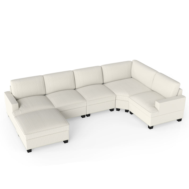 Ebello 6-Piece Modular Sectional Sofa Set, Corduroy Convertible L-Shaped Couch with Multifunctional Storage Ottoman & Side Table for Large Living Room, Beige