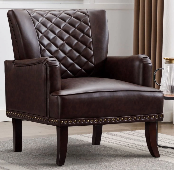 Ebello 28.7" Wide Classic Retro Leather Argyle Pattern Nailhead Trim Adult Wingback Chair,Brown