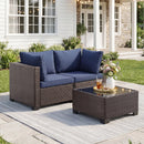 Bonzy Home Patio Furniture Set, 3-Piece Wicker Outdoor Sectional Sofa with Tempered Glass Table for Backyard & Porch, Outdoor Rattan Couch Furniture, Metal Frame, Blue