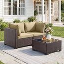 Bonzy Home Patio Furniture Set, 3-Piece Wicker Outdoor Sectional Sofa with Tempered Glass Table for Backyard & Porch, Outdoor Rattan Couch Furniture, Metal Frame, Brown