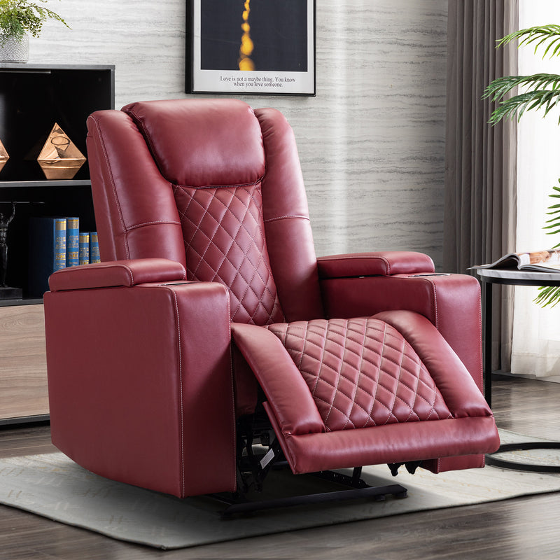 Bonzy Home Electric Power Recliner Breathable Leather Reclining Chair for Adults with USB Ports and Cup Holders, Home Theater Seating with Hidden Arm Storage Movie & Media Room Chairs Red