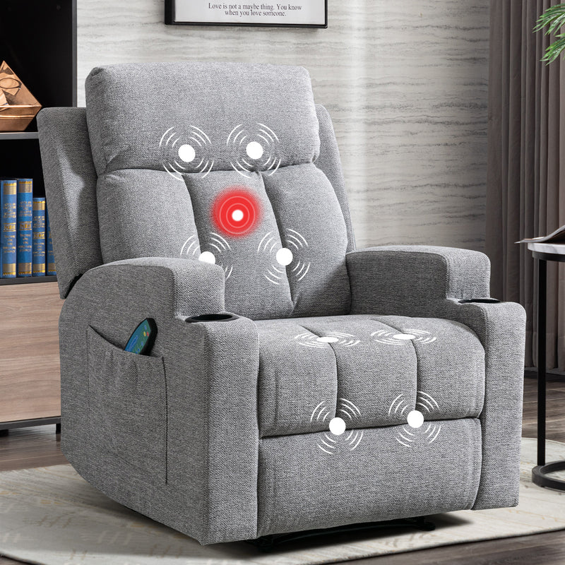 Bonzy Home Massage Recliner Chair with Cup Holders Heat and Vibration Fabric Sofa Furniture, Light Gray