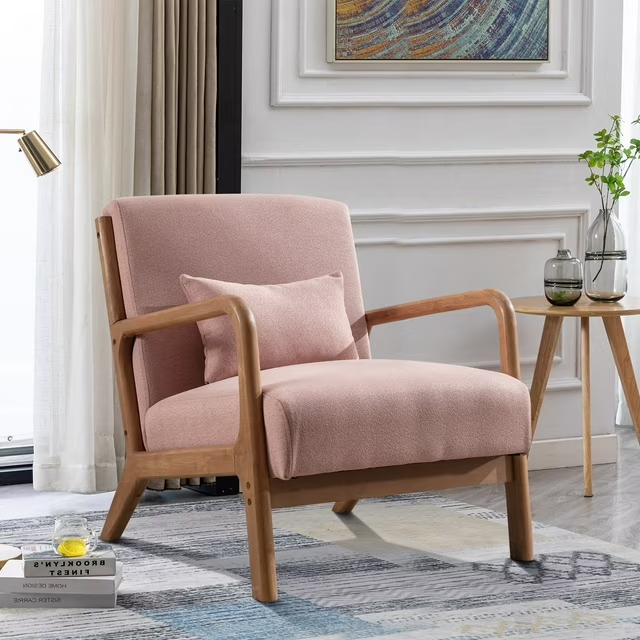 Bonzy Home Mid Century Modern Accent Chair, Single Fabric Lounge Reading Armchair with Solid Wood Frame, Easy Assembly Arm Chairs for Living Room,Pink