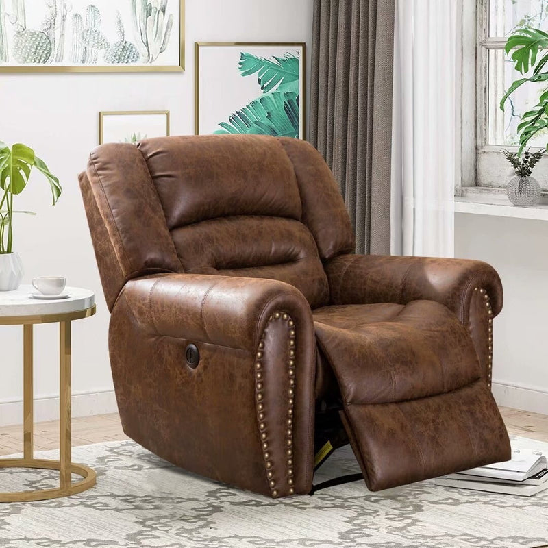 Bonzy Home Electric Recliner Chair With Breathable Bonded Leather, Classic Single Sofa Home Theater Recliner Seating With USB Port, Dark Brown