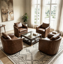 Bonzy Home 360° Swivel Accent Chair Set of 4 with Throw Pillow, PU Leather Mid Century Modern Armchair with Rivets, Comfy Swivel Barrel Chair for Living Room Bedroom, Brown