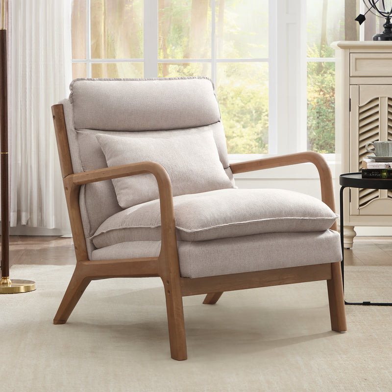 Ebello Mid Century Modern Accent Chair, Double-Padded Reading Armchair with Wood Frame & Lumbar Cushion for Living Room, Bedroom & Office, Beige
