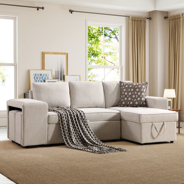 A beige sectional sofa with storage and a chaise lounge in a living room