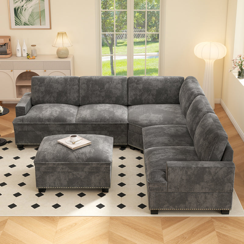 Ebello 6-Piece Modular Sectional Sofa Set, Corduroy Convertible L-Shaped Couch with Multifunctional Storage Ottoman & Side Table for Large Living Room, Gray