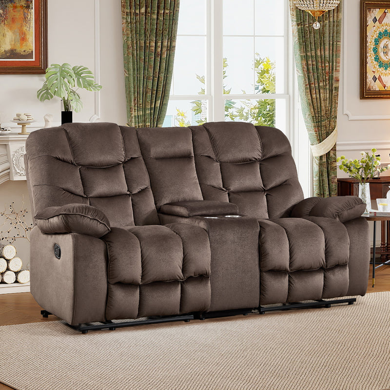 Ebello 77" Manual Reclining Loveseat, 2-Seater Breathable Fabric Recliner Sofa with Cup Holders & Storage Console for Living Room, Brown