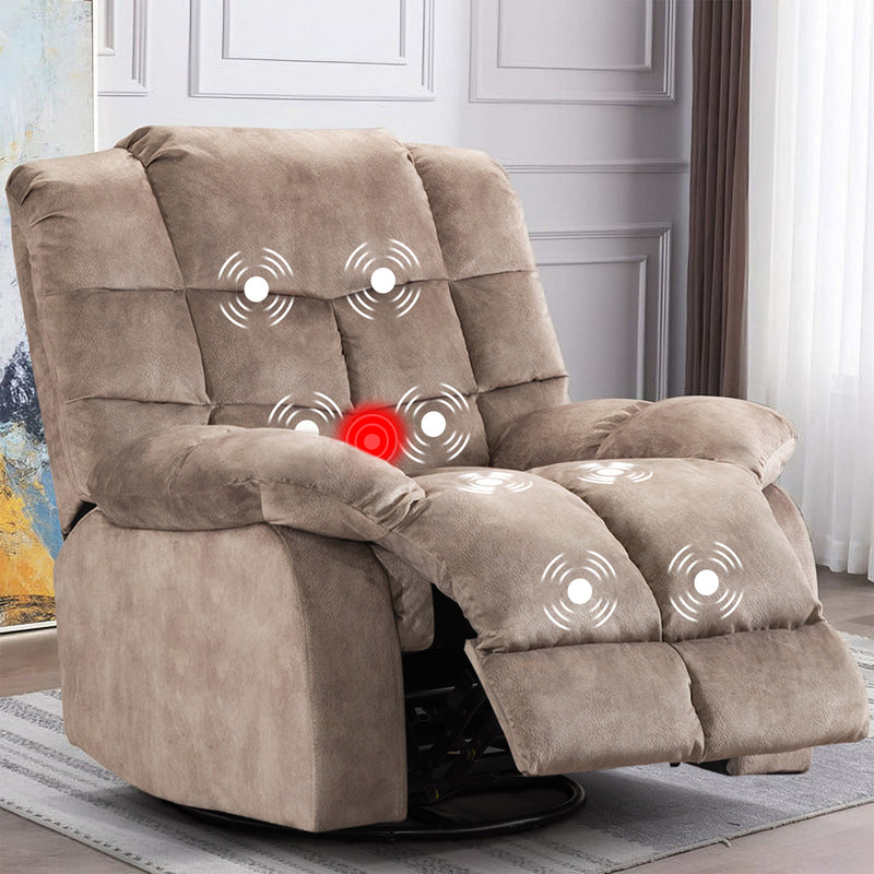 Bonzy Home Massage Swivel Rocker Recliner Chair with Heat and Vibration, 360 Degree Swivel Manual Recliners Fabric Single Sofa Heavy Duty Reclining Chair for Living Room, Camel