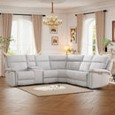 Ebello 5-Seater Power Reclining Sectional Sofa, L-Shaped Fabric Upholstered Power Recliner Couch with USB Port, Storage Console and Cup Holders for Living room and Home Theater, Off-White