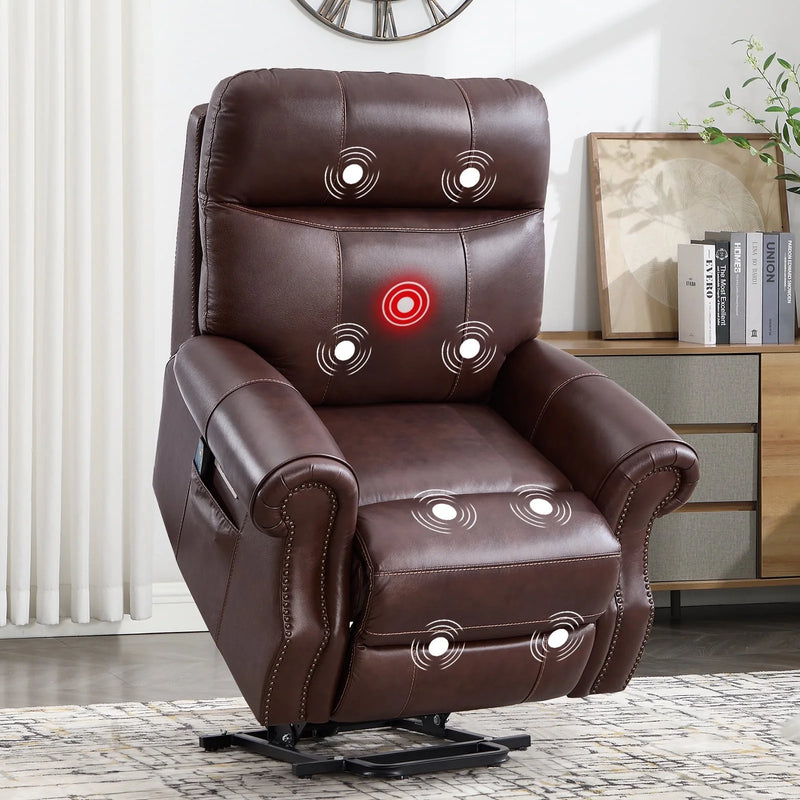 Bonzy Home Genuine Leather Power Lift Recliner Chair for Elderly with Massage & Heat, Electric Lift Recliner with Side Pocket, Type-C & USB Port – Leather Recliner for Living Room & Bedroom, Brown