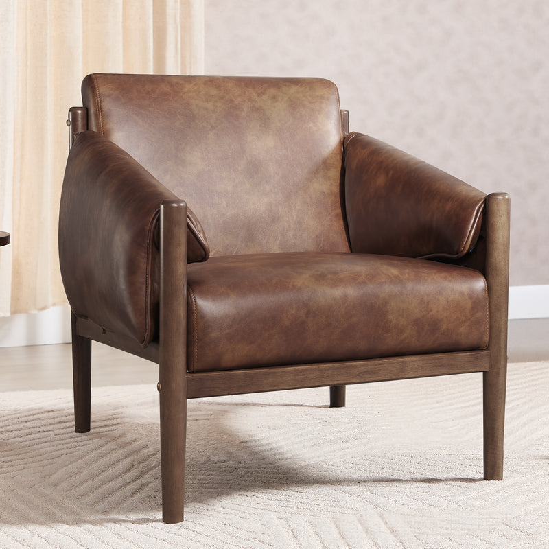Ebello Mid Century Modern Accent Chair Soft Armrest Breathable Faux Leather Upholstered Armchair with Solid Wood Frame for Living Room and Bedroom, Brown