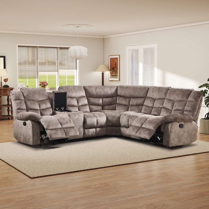 Bonzy Home Reclining Chair Sofa with Center Console, Hidden Storage & Cup Holders 5‑Seat Couch for Living Room & Meeting Room Camel