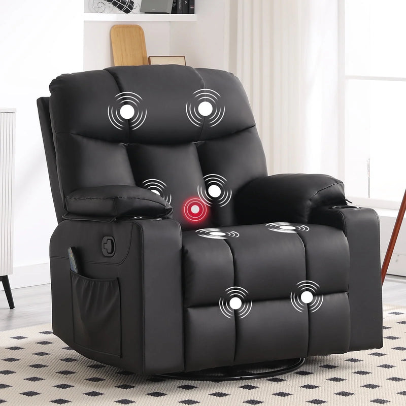 Rocker Recliner Chair with Swivel Base, Massage & Heat, 2 Cup Holders – Comfortable Recliner for Living Room, Bedroom, Office