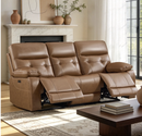 Bonzy Home Genuine Leather Power 3-Seater Recliner Sofa Set, Mid-Century Electric Reclining Couch with USB & Type-C Ports, Cup Holders & Hidden Storage, Saddle Brown
