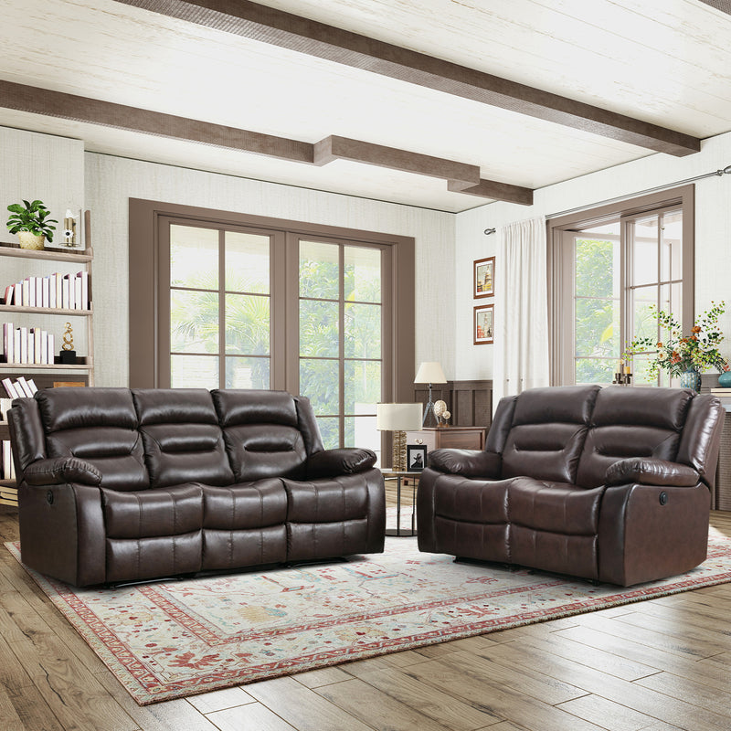 Brown Faux Leather Power Recliner Loveseat + Three-Seat Sofa Set