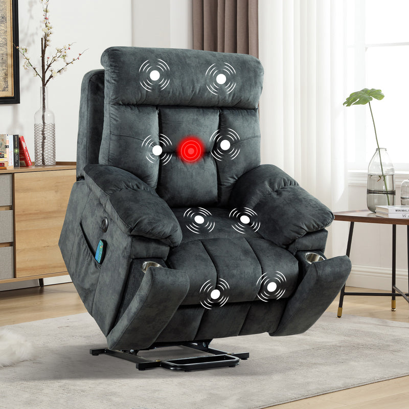 Bonzy Home Power Lift Massage Recliner Elderly Big Man Chair Sofa with Side Pockets and Hidden Cup Holders Sturdy Frame Gray