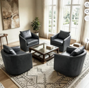 Bonzy Home 360° Swivel Accent Chair Set of 4 with Throw Pillow, PU Leather Mid Century Modern Armchair with Rivets, Comfy Swivel Barrel Chair for Living Room Bedroom, Navy