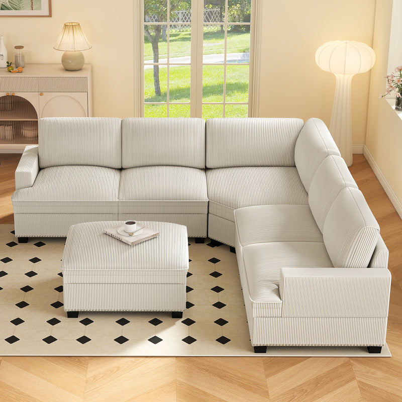 Ebello 6-Piece Modular Sectional Sofa Set, Corduroy Convertible L-Shaped Couch with Multifunctional Storage Ottoman & Side Table for Large Living Room, Beige