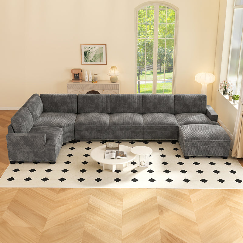 Ebello 7-Piece Modular Sectional Sofa Set, Corduroy Convertible L-Shaped Couch with Multifunctional Storage Ottoman & Side Table for Large Living Room, Gray