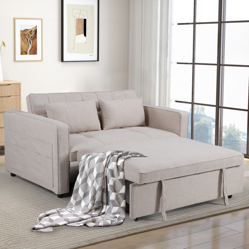 Bonzy Home Pull Out Bed Futon Couch with Reclining Backrest and Side Pocket, Modern Loveseat for Living Room Beige