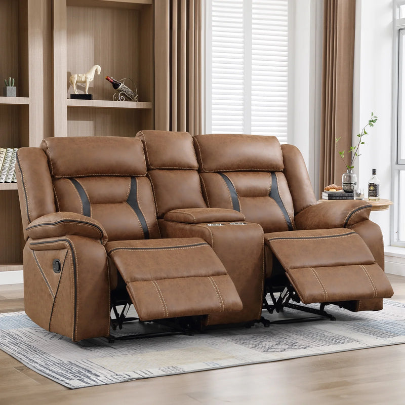 Bonzy Home Faux Leather Manual Loveseat Recliner with Center Console, Hidden Storage & Cup Holders – Dual Reclining Sofa Chair for Living Room & Meeting Room