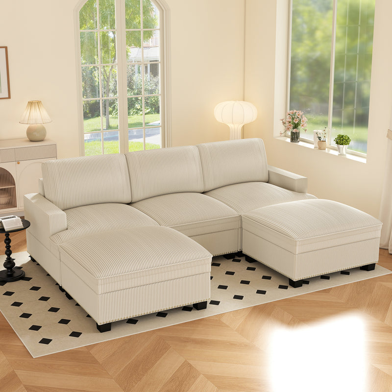 Ebello 5-Piece Modular Sectional Sofa Set, Corduroy Convertible Couch with Multifunctional Storage Ottoman & Side Table for Living Room, Beige