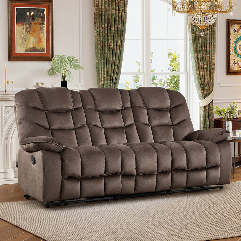 Ebello 85" 3-Seater Manual Reclining Sofa, Soft Fabric Recliner Couch with Padded Headrest & Armrests, Overstuffed Recliner for Living Room, Brown