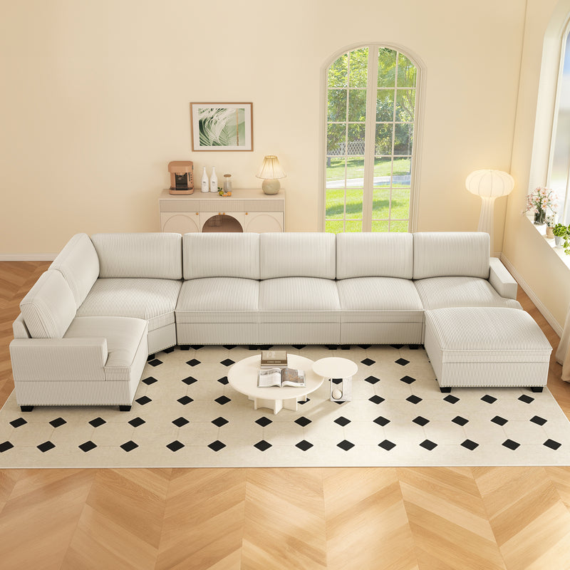 Ebello 7-Piece Modular Sectional Sofa Set, Corduroy Convertible L-Shaped Couch with Multifunctional Storage Ottoman & Side Table for Large Living Room, Beige