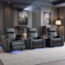 Bonzy Home 3-Pack Electric Power Recliner Chair with Adjustable Headrest, Faux Leather Home Theater Seating with USB Charging Port, LED Lighting, Cup Holders & Hidden Arm Storage, Black