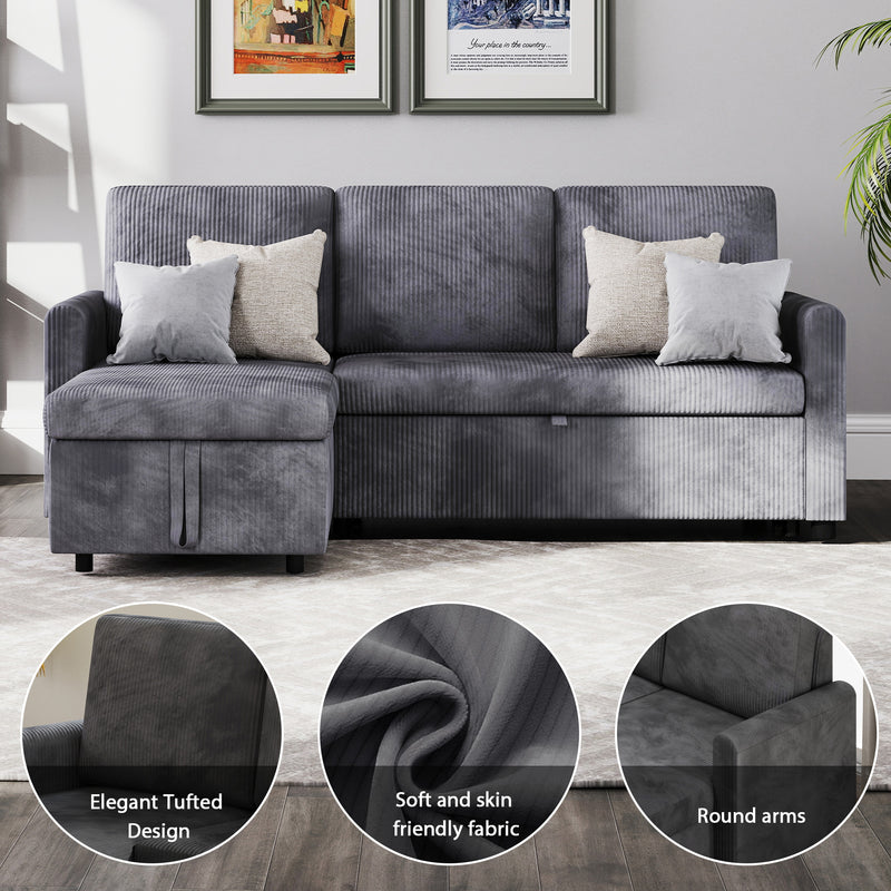 Bonzy Home 80.5"Pull Out Sofa Bed, Modern Sleeper Sofa, L Shaped Sofa Couch with Storage Chaise, Grey