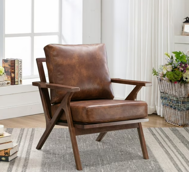 Ebello Accent Armhair with Solid Wood Frame and Removable Cushions, Upholstered Leather