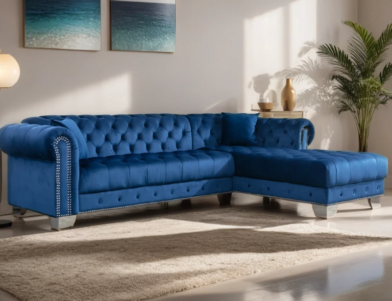 Ebello 113" Wide Sectional Sofa for Adult,4 Seats Tufted Velvet Couch,L-Shaped for Living Room,Blue