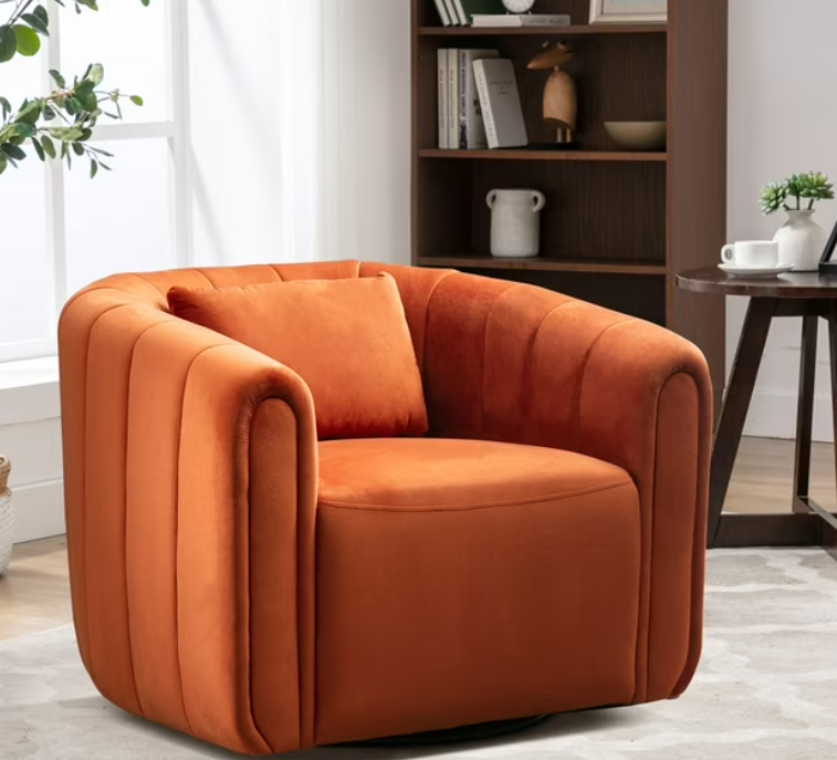 Ebello Round Armchair Oversize Velvet Swivel Barrel Comfy with Plump Pillow