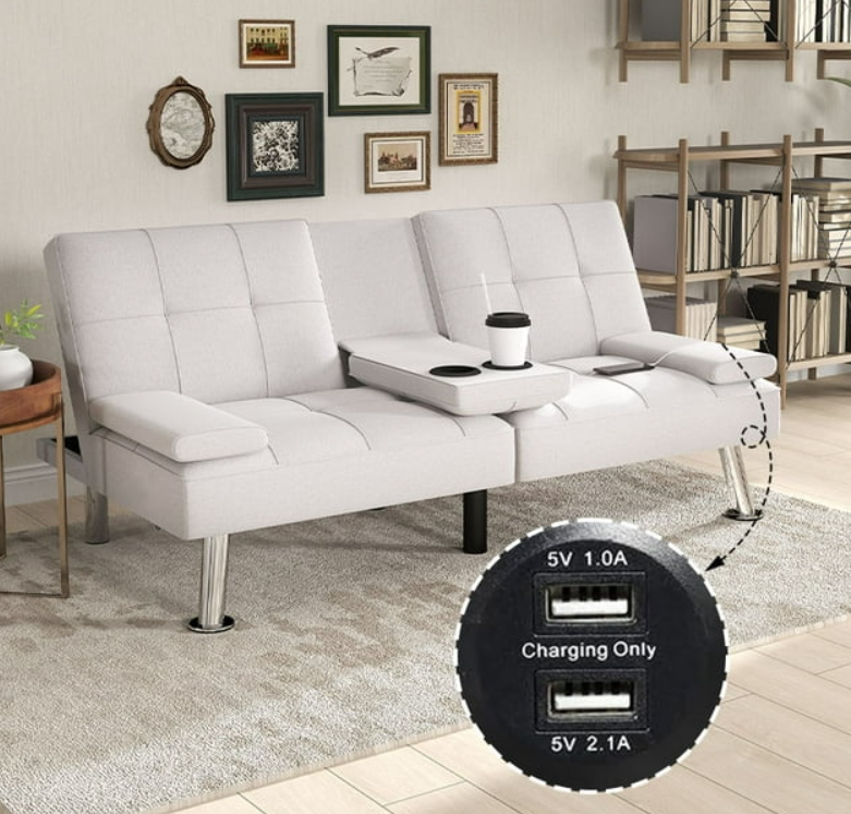 Bonzy Home Futon Versatile 2-Seater Linen Folding Sofa Bed- Elegant Guest Bed,PU Leather, White