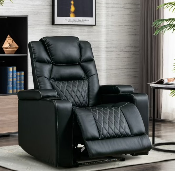 Ebello Power Recliner, Leather Home Theater Seat with Led Lights, Living Room Chair, Black