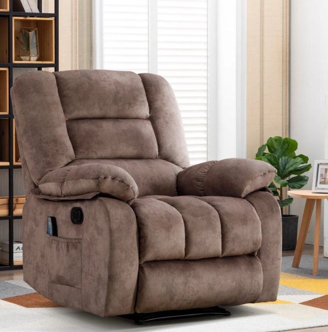 Ebello Design Overstuffed Massage Recliner Chairs with Heat and Vibration, Soft Fabric Single Manual Reclining Chair for Living Room Bedroom,Camel