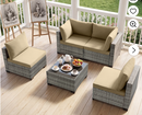Ebello 5-Piece Modular Conversation Set, Outdoor Patio Sectional Sofa with Glass Coffee Table, Rattan Garden Furniture, GKH(Khaki)