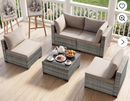 Ebello 5-Piece Modular Conversation Set, Outdoor Patio Sectional Sofa with Glass Coffee Table, Rattan Garden Furniture, GLG(Light Gray)