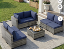 Ebello 7-Piece Modular Conversation Set, Outdoor Patio Sectional Sofa with Glass Coffee Table, Rattan Garden Furniture, GNB(Navy Blue)