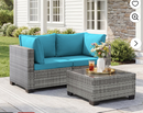 Ebello 3-Piece Modular Conversation Set, Outdoor Patio Sectional Sofa with Glass Coffee Table, Rattan Garden Furniture, GTQ(Peacock Blue)
